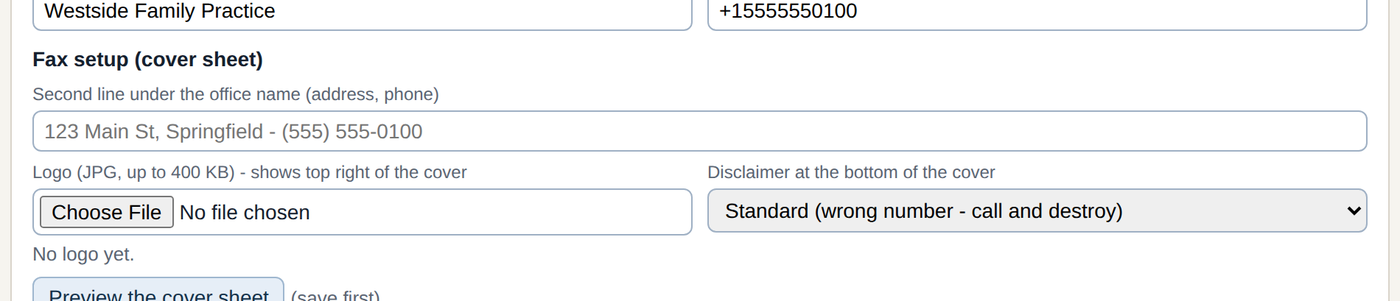 Cover sheet settings: a second line under the office name, your logo, the disclaimer.