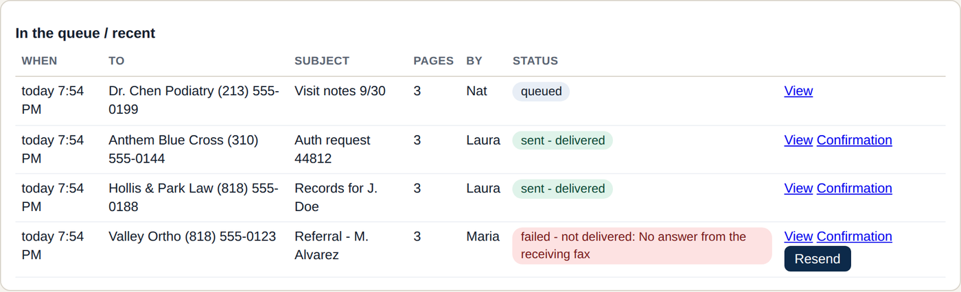 The queue after a busy afternoon: two delivered, one the other machine never answered - with Resend right on the row.