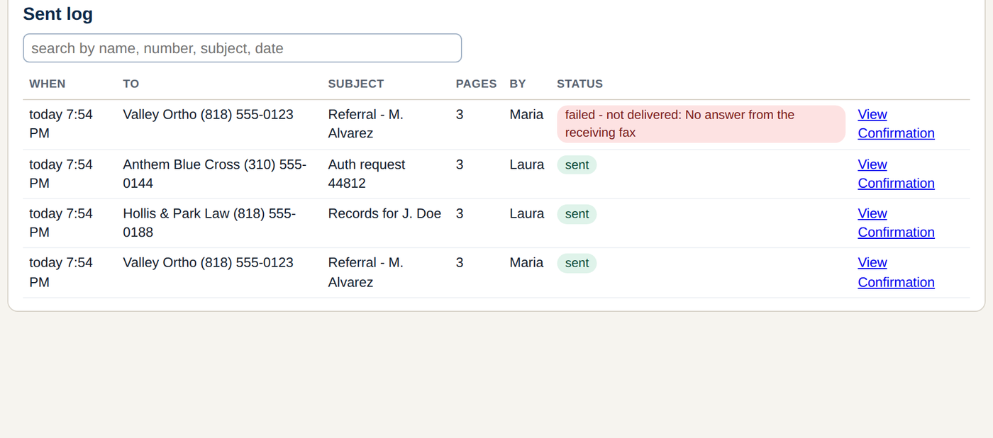 Every send and every failure, searchable - the same page the whole office sees.