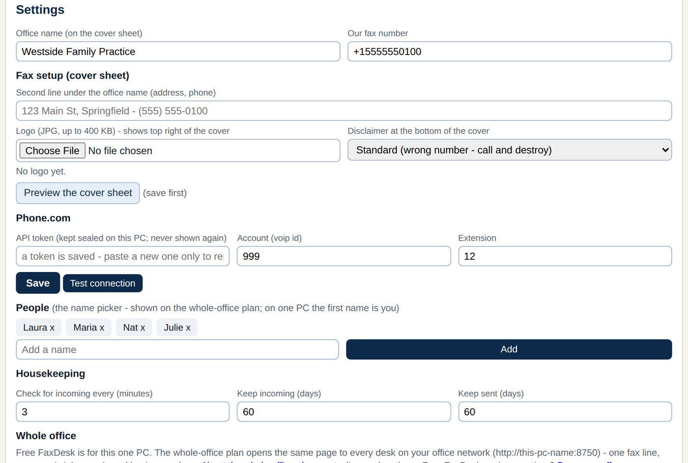 Settings: paste the token once, Test connection, done.