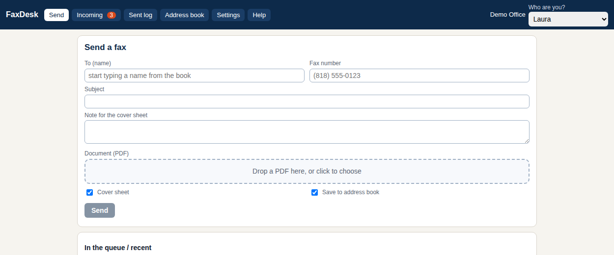 Free Fax Desk send-a-fax screen: recipient from the address book, PDF attached, automatic cover sheet